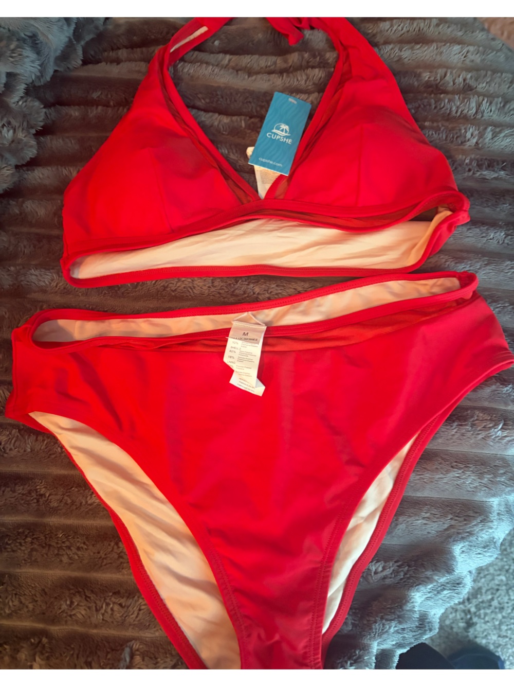 Cupshe Bright Red Bikini Top with Mesh Trim NWT